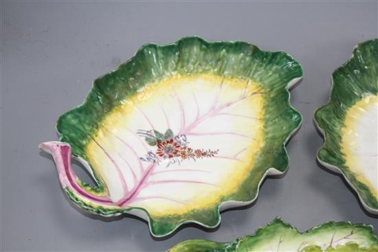 Three Chelsea red anchor leaf dishes, c.1755, 24 and 23.5cm long